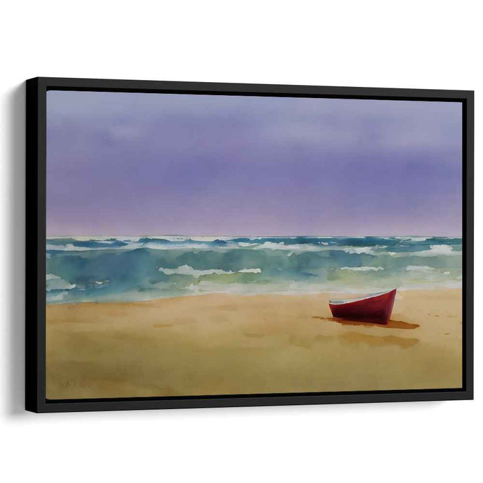 Crimson Tide Reflections: Tranquil Beach with Red Boat Canvas Art Print