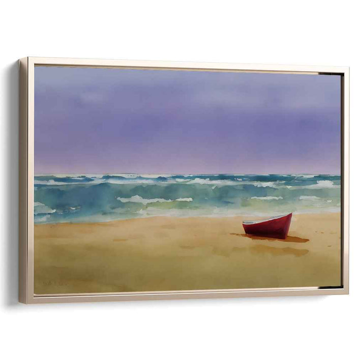 Crimson Tide Reflections: Tranquil Beach with Red Boat Canvas Art Print