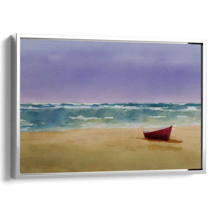 Crimson Tide Reflections: Tranquil Beach with Red Boat Canvas Art Print