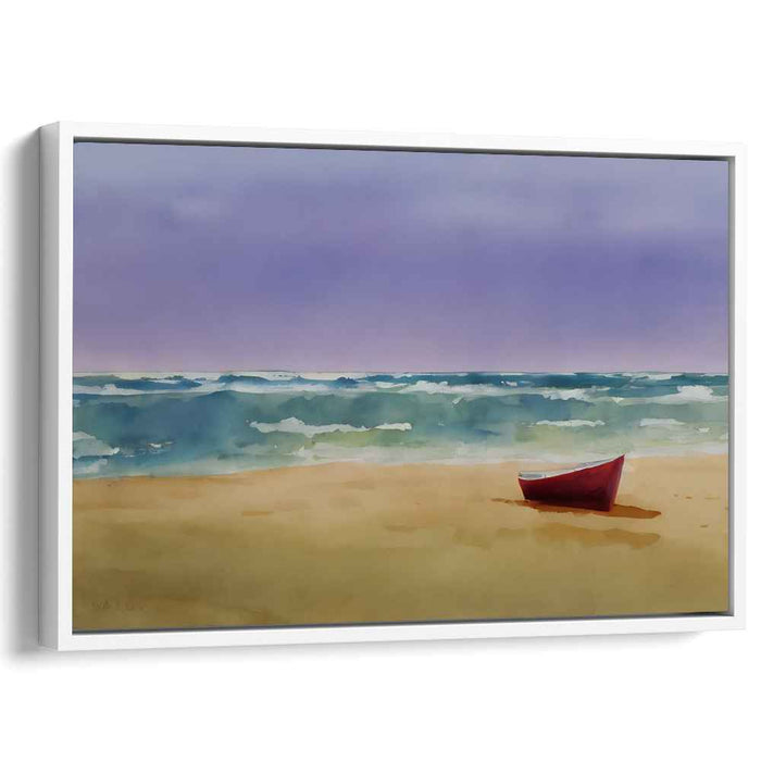 Crimson Tide Reflections: Tranquil Beach with Red Boat Canvas Art Print