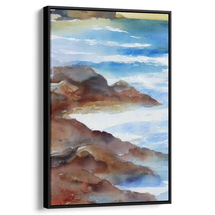 Whispering Coves and Stony Cliffs: Tranquil Waves and Rugged Rocks Watercolor Art Print