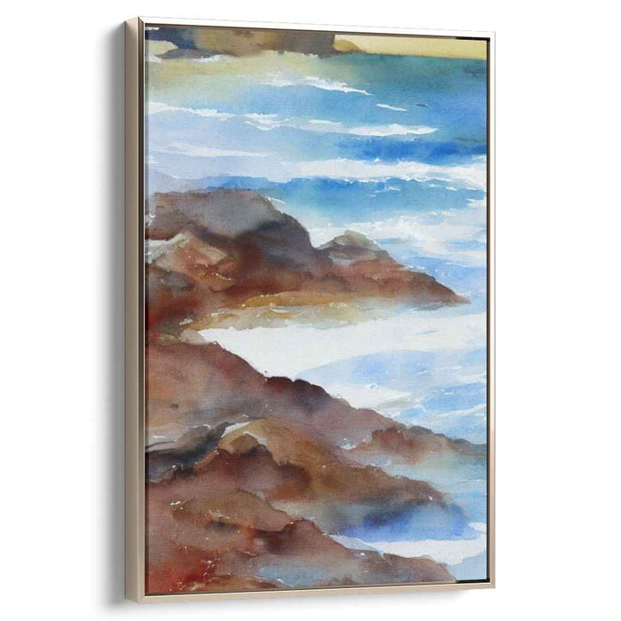 Whispering Coves and Stony Cliffs: Tranquil Waves and Rugged Rocks Watercolor Art Print
