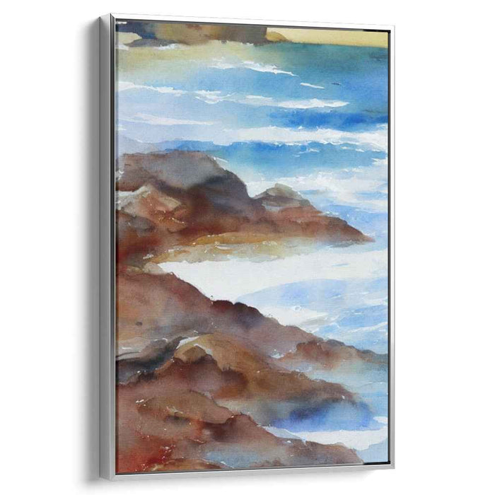 Whispering Coves and Stony Cliffs: Tranquil Waves and Rugged Rocks Watercolor Art Print