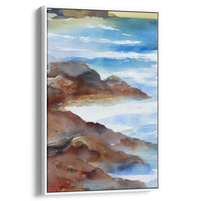 Whispering Coves and Stony Cliffs: Tranquil Waves and Rugged Rocks Watercolor Art Print