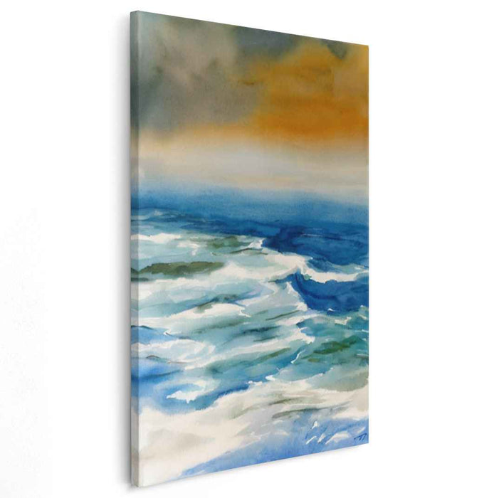 Horizon Embrace: Tranquil Dawn Ocean Waves Watercolor Art