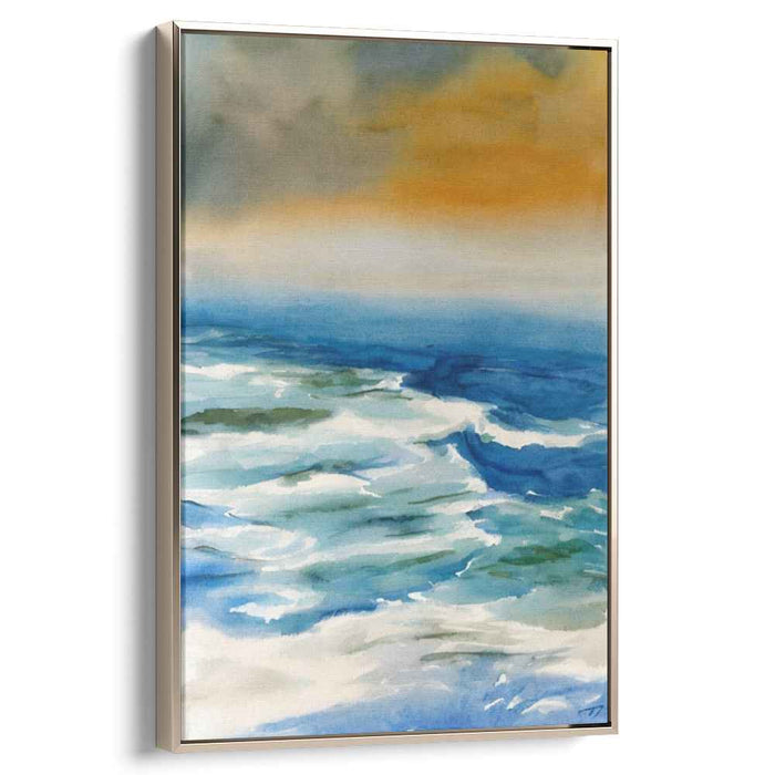Horizon Embrace: Tranquil Dawn Ocean Waves Watercolor Art