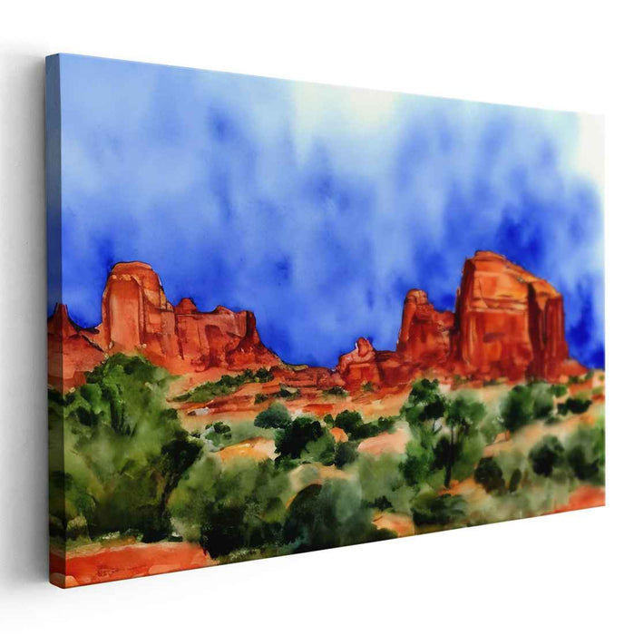 Crimson Mirage Canyon Glow: Vibrant Watercolor Landscape of Red Rock Formations
