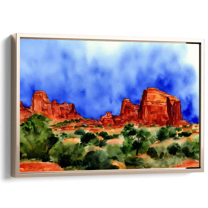 Crimson Mirage Canyon Glow: Vibrant Watercolor Landscape of Red Rock Formations