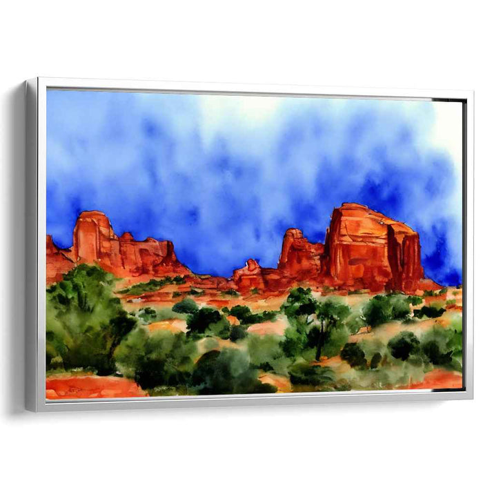 Crimson Mirage Canyon Glow: Vibrant Watercolor Landscape of Red Rock Formations