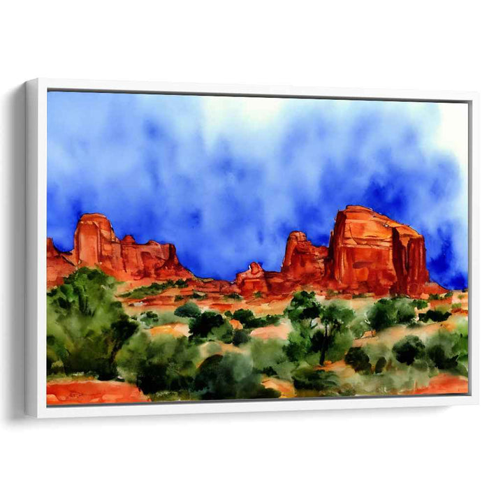 Crimson Mirage Canyon Glow: Vibrant Watercolor Landscape of Red Rock Formations