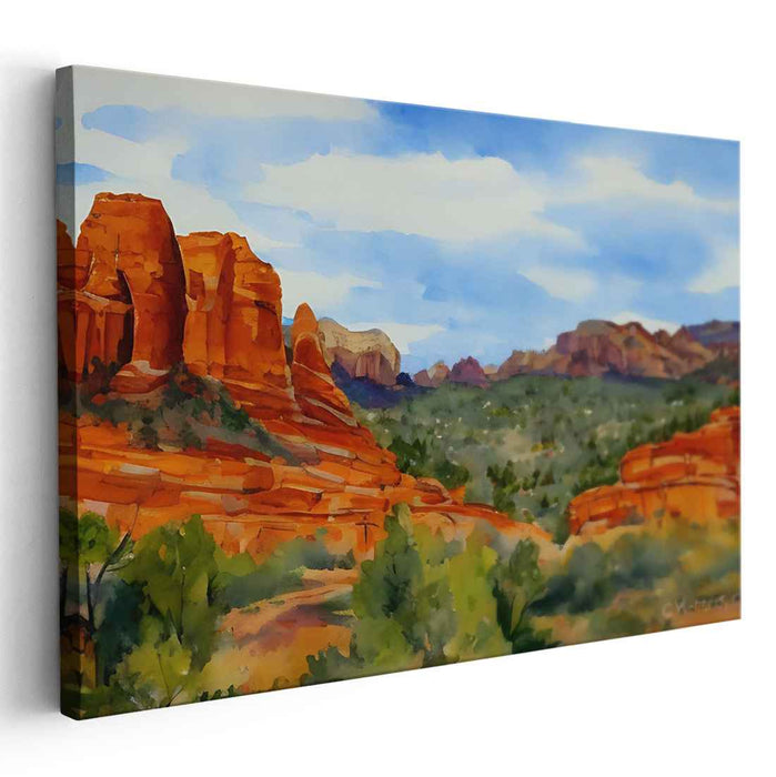 Crimson Oasis Harmonies: Serene Red Rock Formations and Lush Greenery