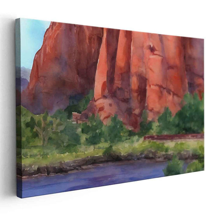 Majestic Red Rock Serenity: Watercolor Landscape Canvas Art Print