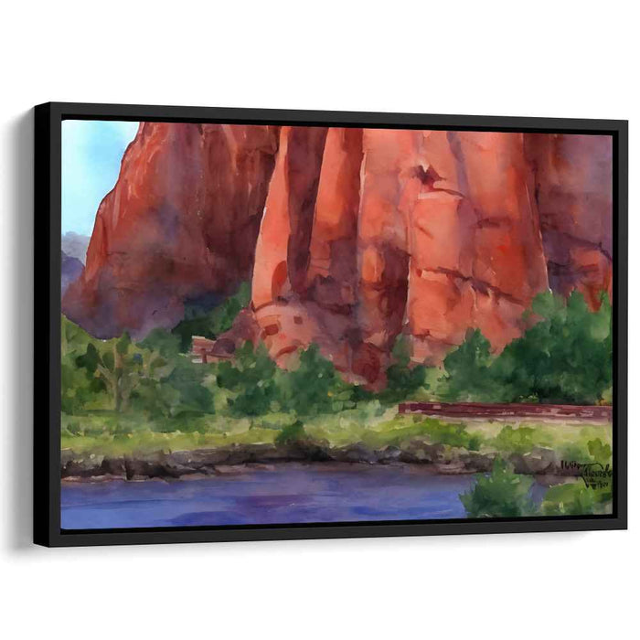 Majestic Red Rock Serenity: Watercolor Landscape Canvas Art Print