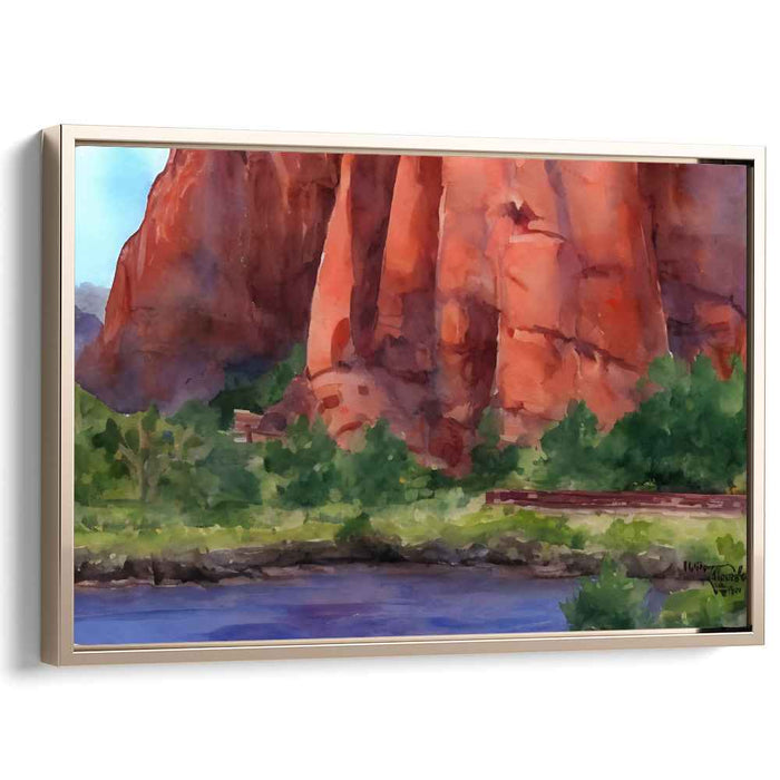 Majestic Red Rock Serenity: Watercolor Landscape Canvas Art Print