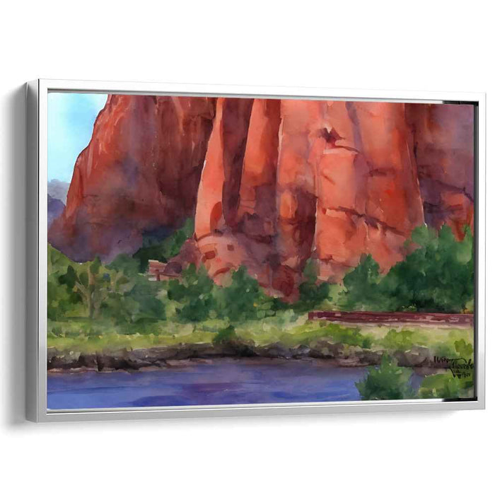 Majestic Red Rock Serenity: Watercolor Landscape Canvas Art Print