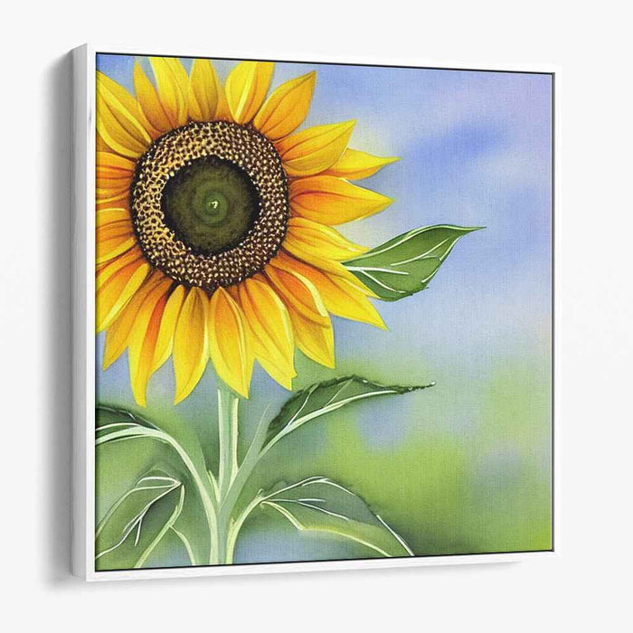 Limelight Horizon: Vibrant Yellow Bloom Against Blue Sky Canvas Art Print