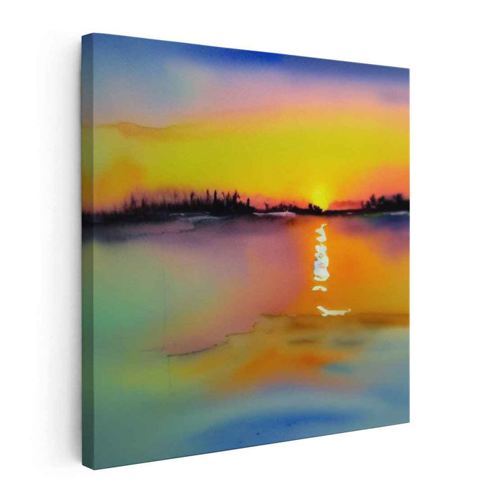 Echoing Waters: Watercolor Lakeside Reflection Canvas Art