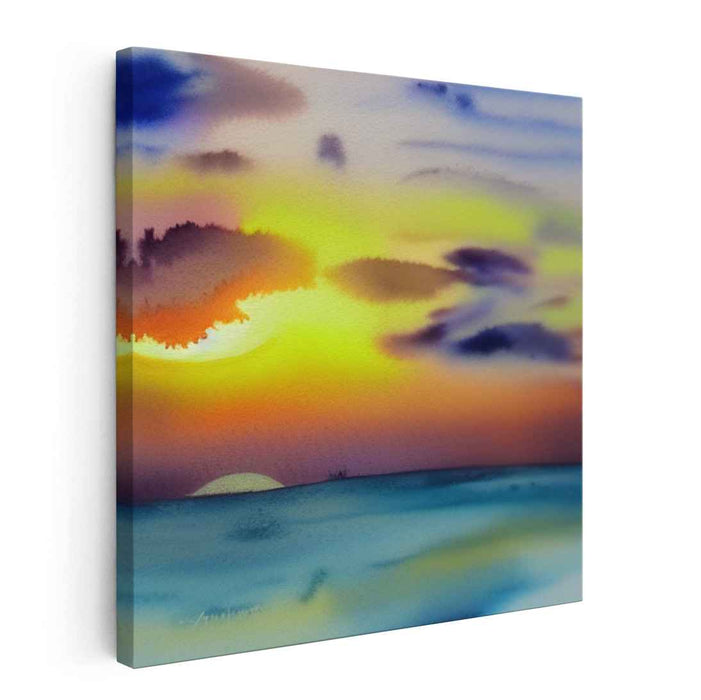 Tranquil Sunset Over Serene Waters: A Watercolor Dreamscape