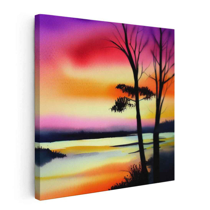 Inkblot Horizon: Watercolor Silhouette Landscape Canvas Art Print