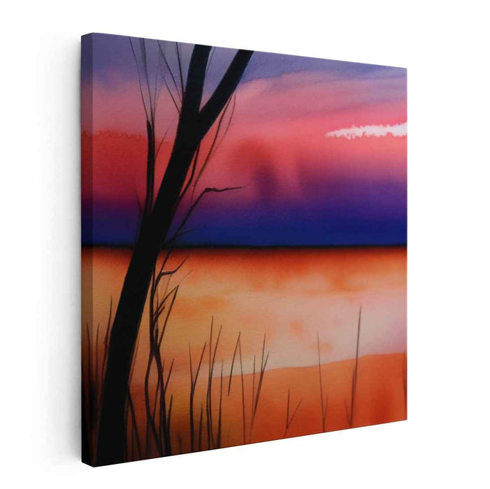 Ink Strokes Among Marshes: Watercolor Landscape with Silhouetted Reeds