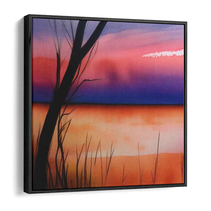 Ink Strokes Among Marshes: Watercolor Landscape with Silhouetted Reeds