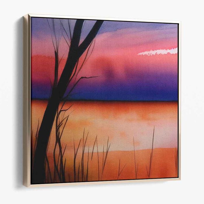 Ink Strokes Among Marshes: Watercolor Landscape with Silhouetted Reeds