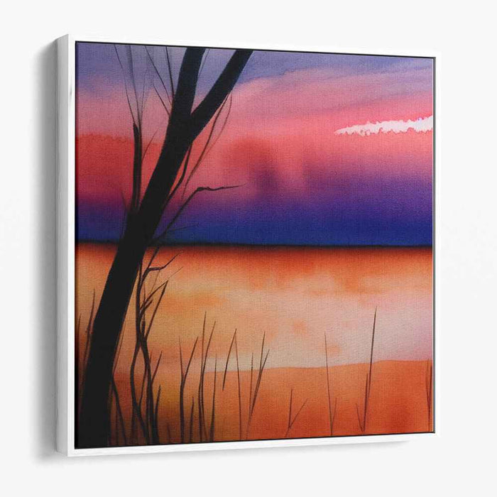 Ink Strokes Among Marshes: Watercolor Landscape with Silhouetted Reeds