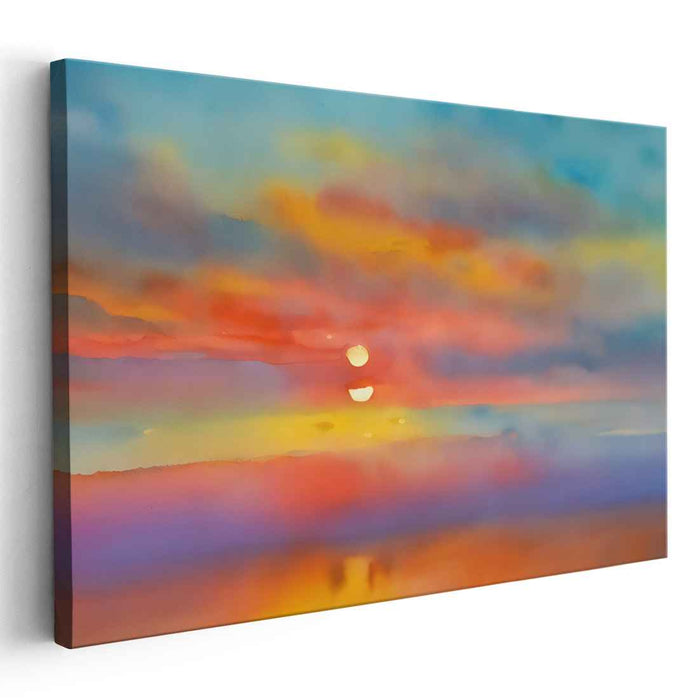 Dreamy Double Sunset: Impressionist Watercolor Landscape Canvas Art Print