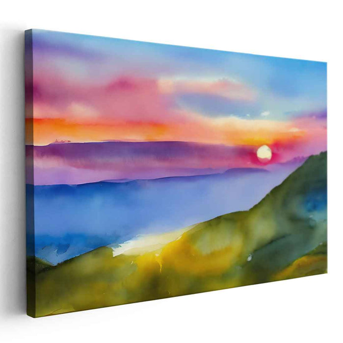 Misty Horizon Skies: Luminous Landscape Watercolor Canvas Art