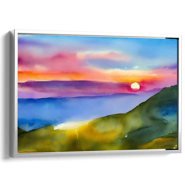 Misty Horizon Skies: Luminous Landscape Watercolor Canvas Art