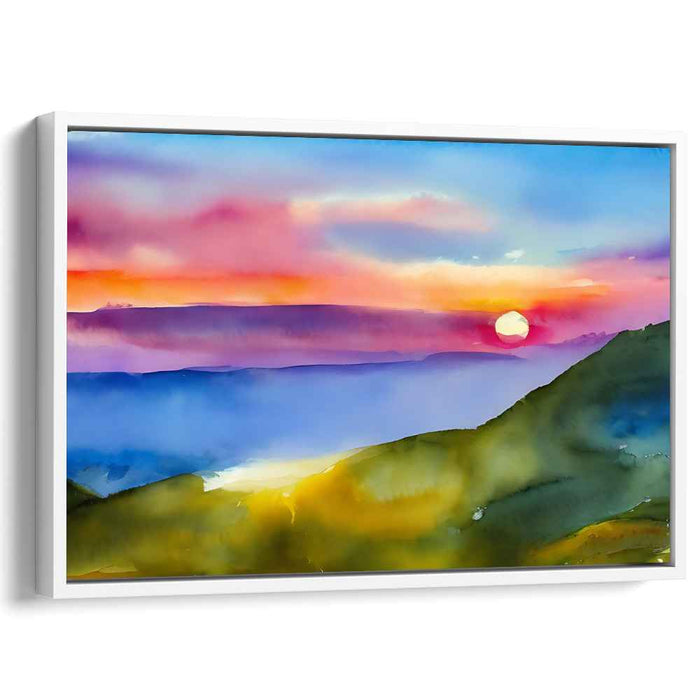Misty Horizon Skies: Luminous Landscape Watercolor Canvas Art