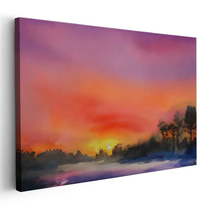 Chromatic Horizon Reflection: Watercolor Landscape Canvas Art Print
