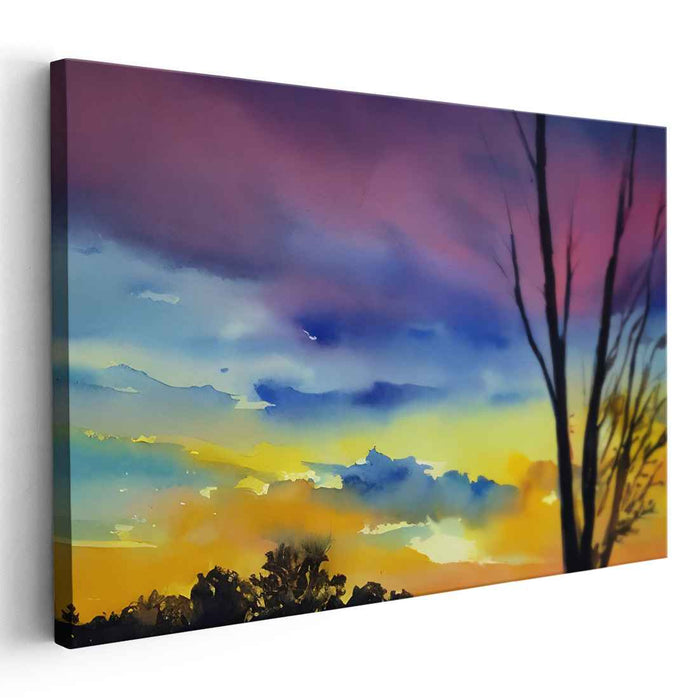 Ethereal Skies Embrace Serenity: Romantic Watercolor Landscape with Vibrant Sky