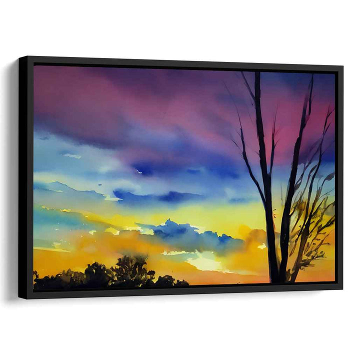 Ethereal Skies Embrace Serenity: Romantic Watercolor Landscape with Vibrant Sky