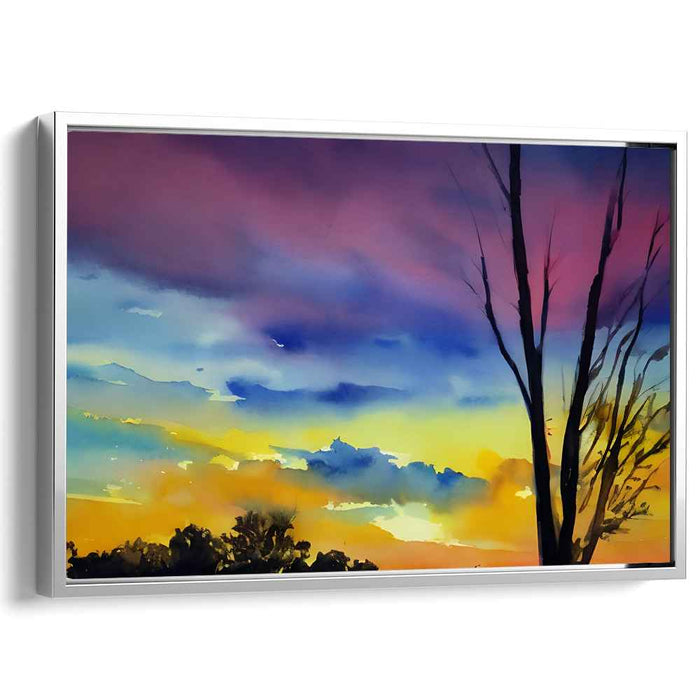 Ethereal Skies Embrace Serenity: Romantic Watercolor Landscape with Vibrant Sky