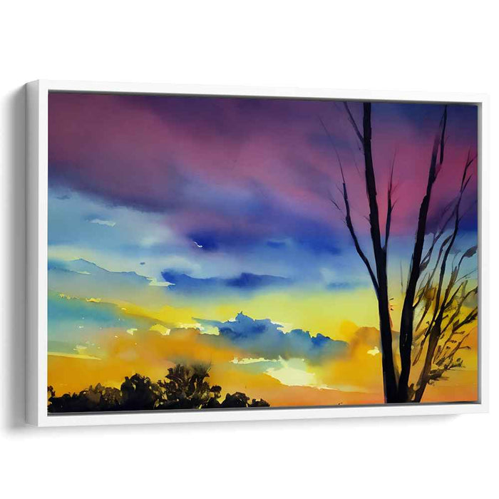 Ethereal Skies Embrace Serenity: Romantic Watercolor Landscape with Vibrant Sky