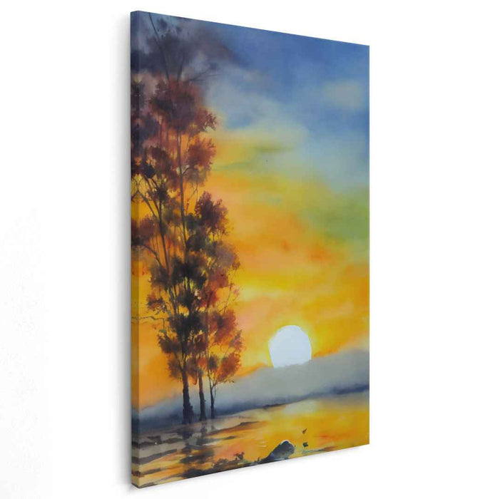 Autumn Melancholy: Watercolor Landscape of Autumn Trees and Reflective Waters