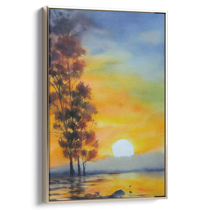 Autumn Melancholy: Watercolor Landscape of Autumn Trees and Reflective Waters