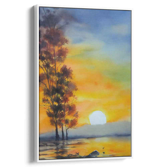 Autumn Melancholy: Watercolor Landscape of Autumn Trees and Reflective Waters