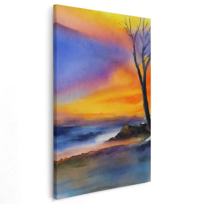 Solitary Arboreal Reflection: Watercolor Landscape with Lone Tree