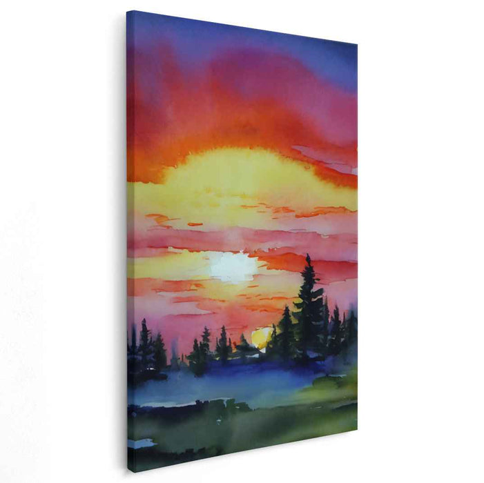 Vivid Aquarelle Horizon: Radiant Watercolor Landscape Canvas Art Print