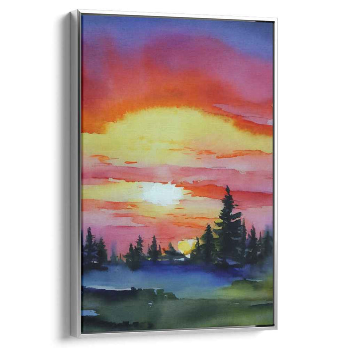 Vivid Aquarelle Horizon: Radiant Watercolor Landscape Canvas Art Print