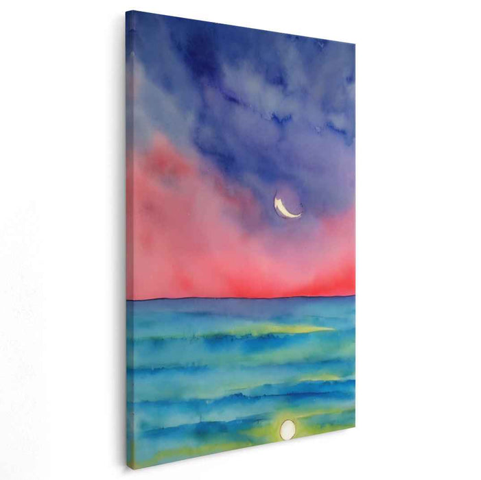 Crescent Moon Serenade: Tranquil Seascape and Twilight Sky Canvas Art
