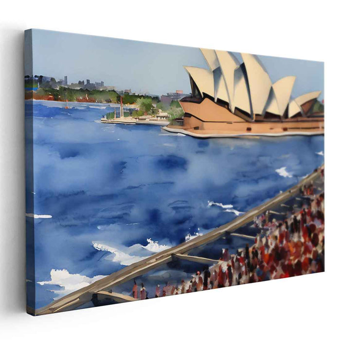 Harbor Bustle and Serene Sails: Impressionist Watercolor of Sydney Opera House