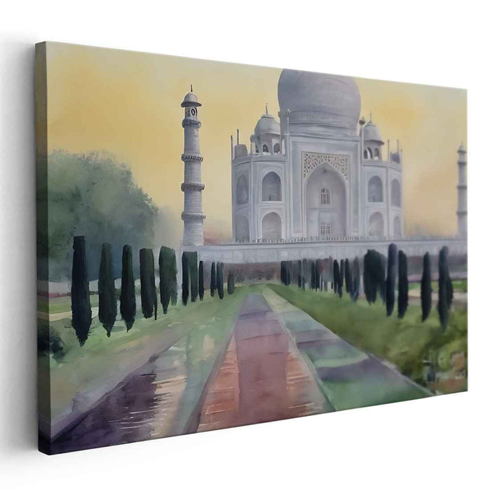 Misty Dawn at Taj Mahal: Serene Landscape Canvas Art