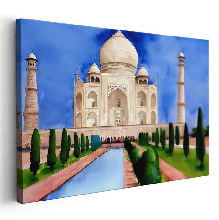 Misty Mausoleum Mirage: Watercolor Panorama of the Taj Mahal