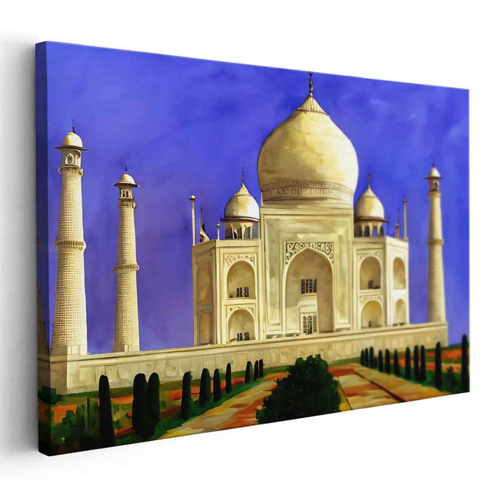 Ethereal Palace in Azure Hues: Majestic Taj Mahal Under Blue Skies Canvas Art