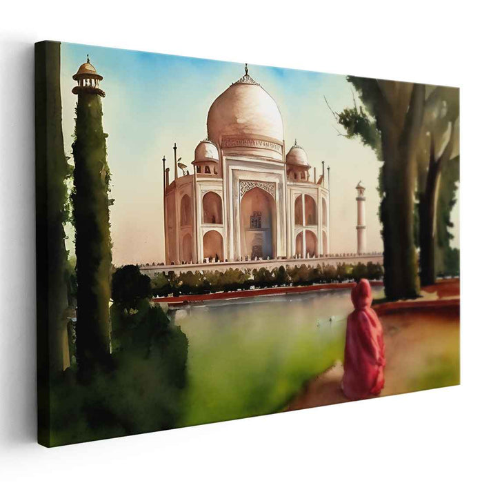 Solitude in Marble Splendor: Watercolor View of the Taj Mahal with Solitary Figure