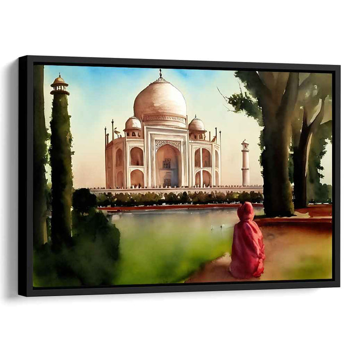 Solitude in Marble Splendor: Watercolor View of the Taj Mahal with Solitary Figure