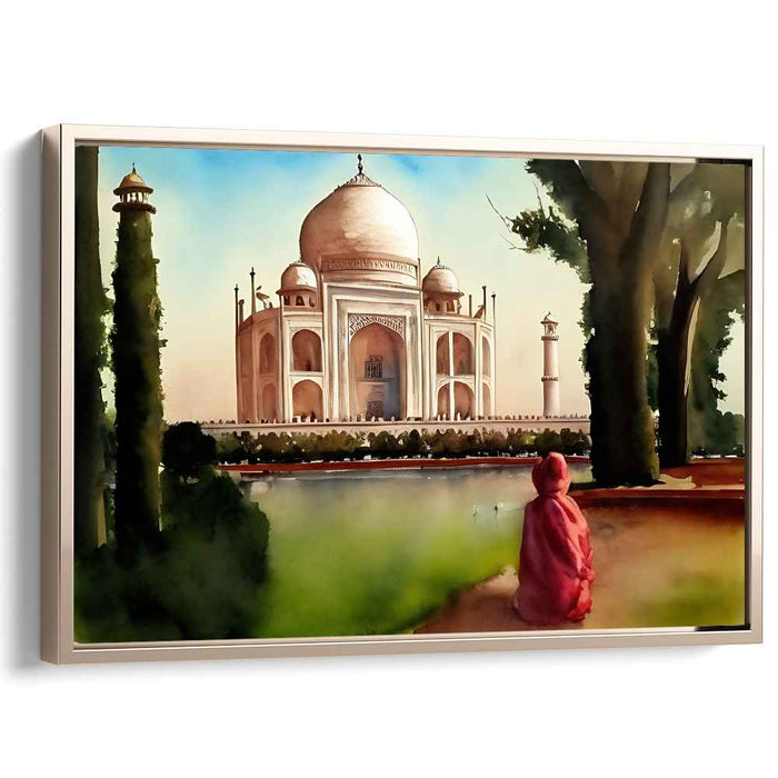 Solitude in Marble Splendor: Watercolor View of the Taj Mahal with Solitary Figure